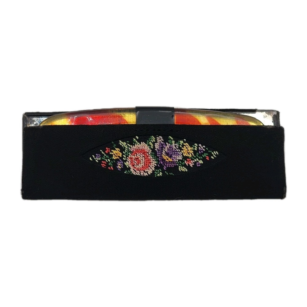Vintage German Petit Point Comb Case Set Floral Embroidery‎ Tortoise Shell Comb